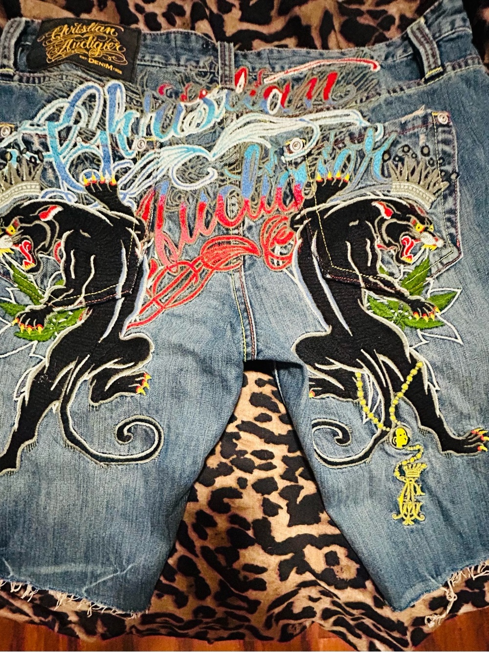 Christian Audigier Colorful Denim Jean Shorts with Black Panther Embroidery Y2K